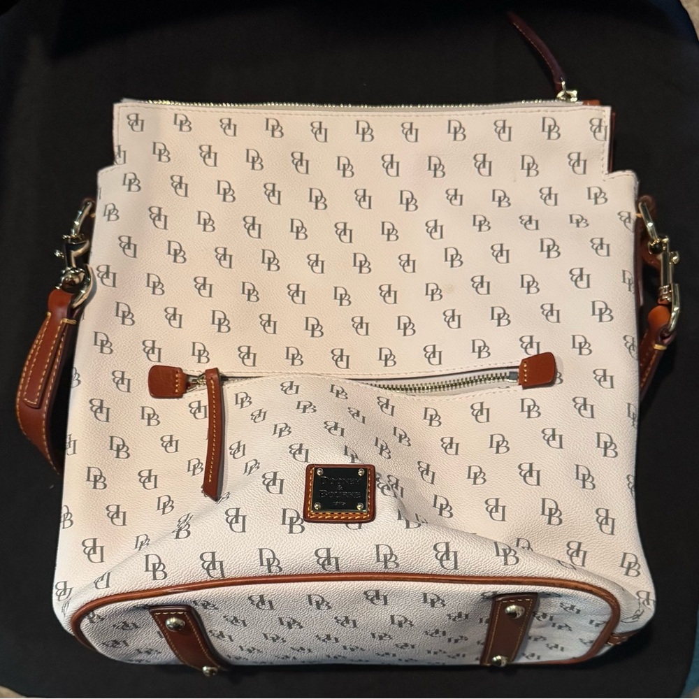 Dooney & Bourke White and Brown Shoulder Bag with Monogram Print